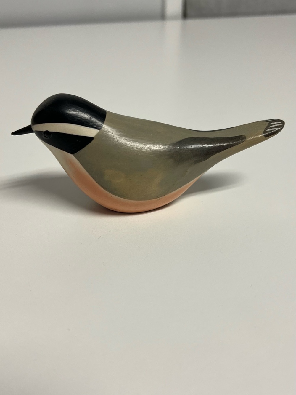 Decorative Wooden Bird Figurine - Olive, Black & Peach